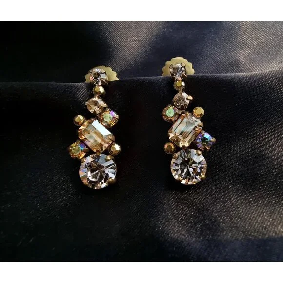 Vintage SORRELLI Dark Amber Yellow Rhinestones Bronze Toned Earrings - Picture 3 of 4